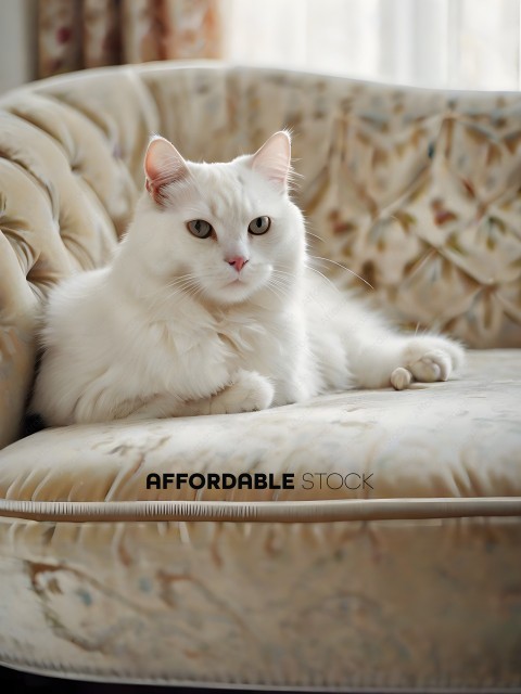 White cat sitting on a couch