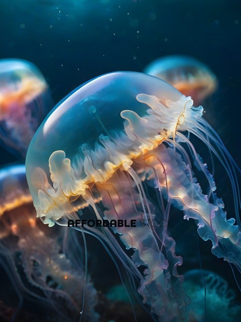 A group of jellyfish with purple and orange colors