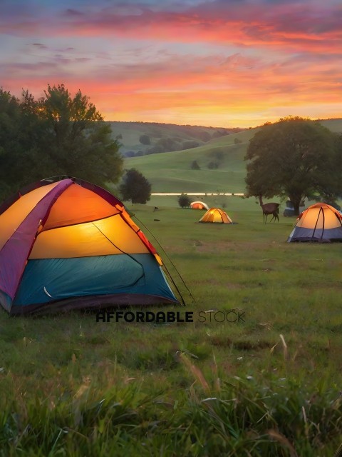 Tents in a field with a sunset in the background