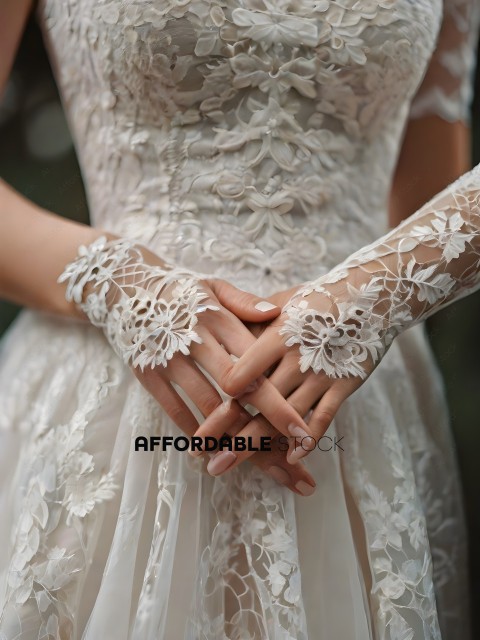A bride and groom with their hands clasped together
