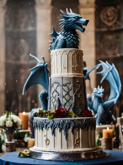 A dragon cake with a dragon on top