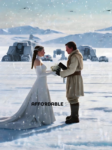 A couple in a snowy landscape, the man wearing a brown coat and the woman wearing a white dress
