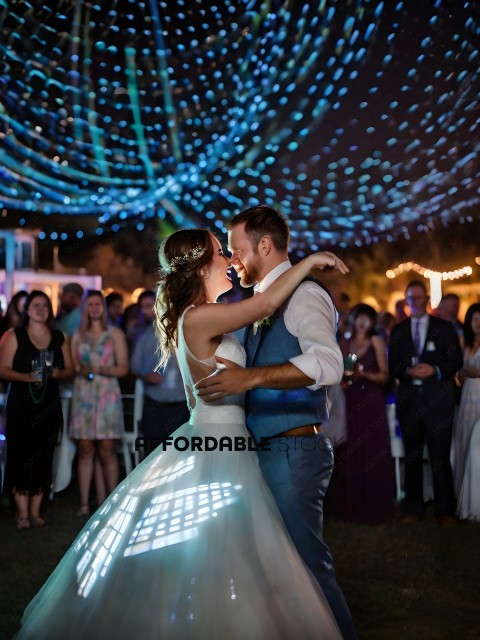 A Bride and Groom Kissing at a Wedding Reception