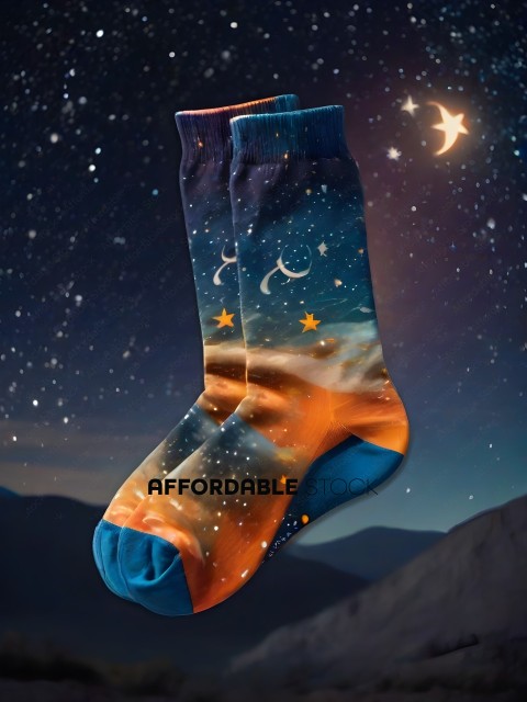 A pair of socks with a picture of the night sky on them