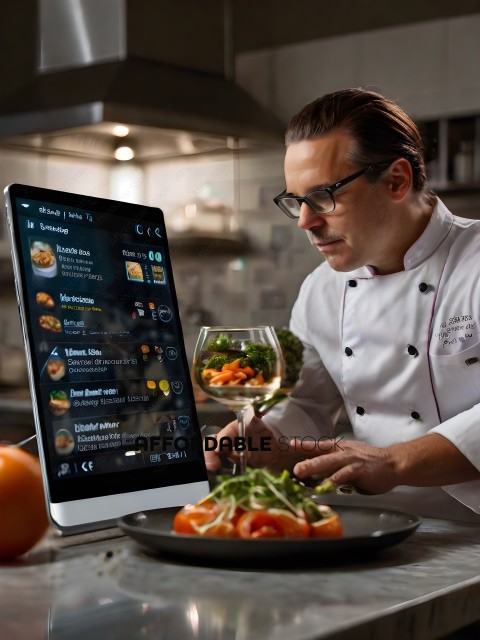 A chef looking at a tablet with a glass of wine