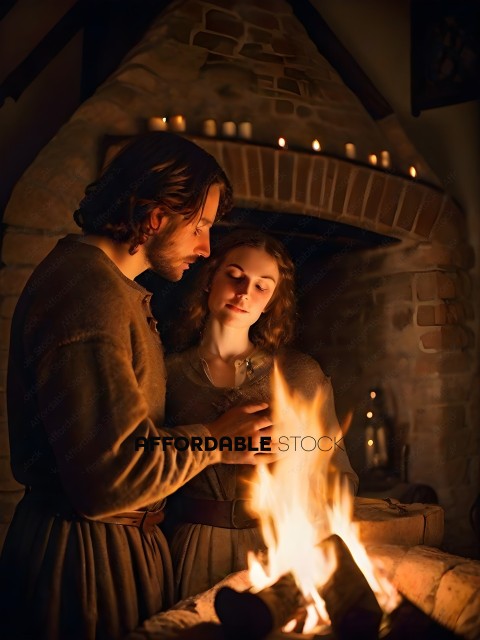 A man and a woman looking at a fire