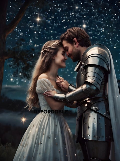 A Knight and a Lady in Medieval Costume Kissing