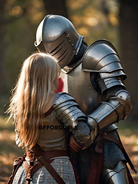 A man in a suit of armor embraces a woman in a suit of armor