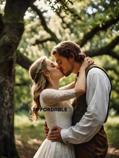 A Bride and Groom Kissing in a Forest