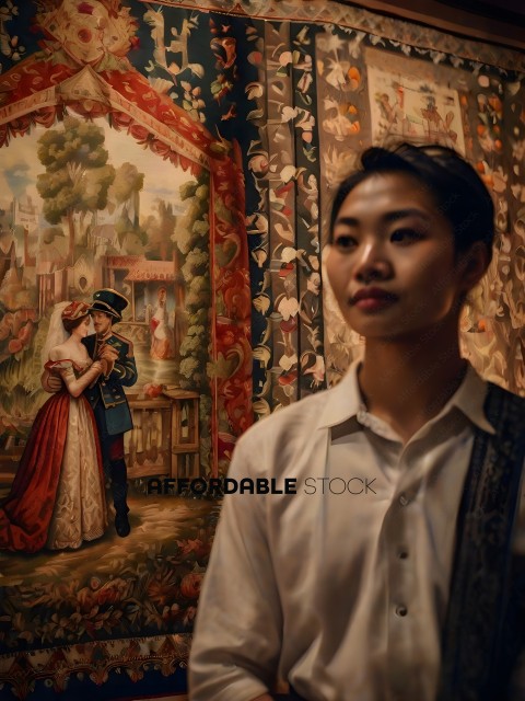 A man in a white shirt looking at a painting