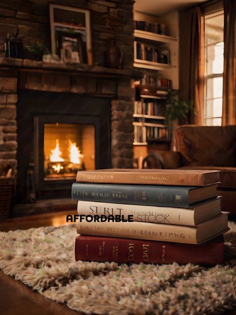 A stack of books on a rug in front of a fireplace
