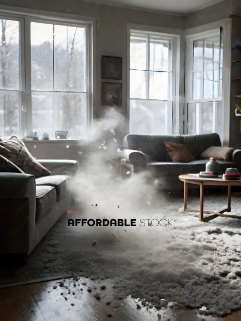 A white fluffy cloud of dust in a living room
