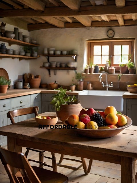 A table with a bowl of fruit and a bowl of vegetables