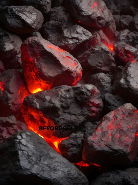 A pile of rocks with red glowing veins