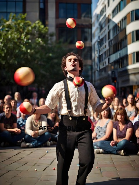 Man juggling 3 balls in front of a crowd