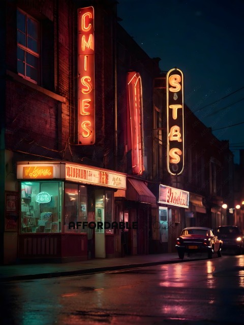 A nighttime city street with neon signs