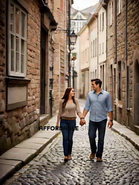 A couple walks down a cobblestone street