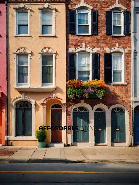 A row of houses with a potted plant in front of the first one