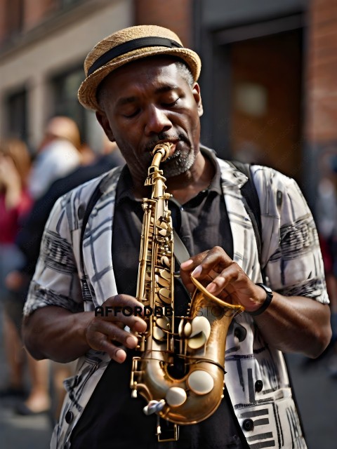 A man playing a saxophone on the street