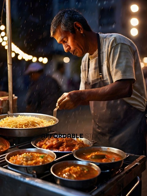 A man cooking in the rain