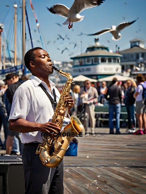 A man playing a saxophone in a crowded area
