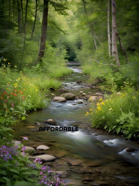 A stream with rocks and flowers