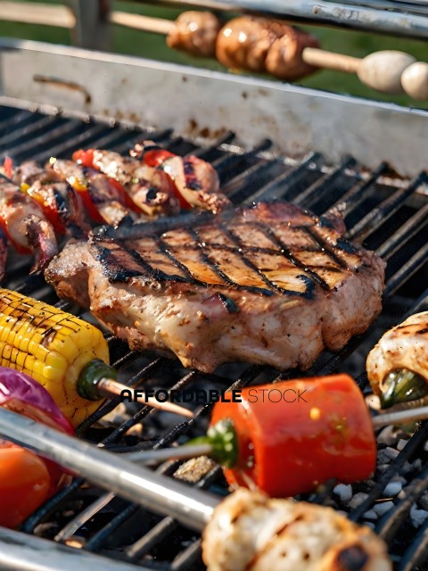 Grilled Meat and Vegetables on a Barbecue