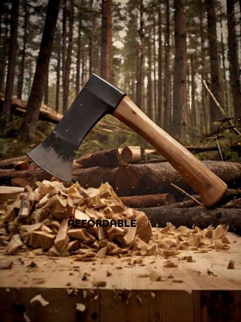 A Wooden Axe Lays on a Pile of Wood Chips