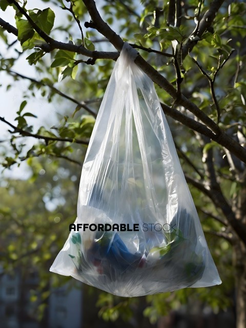 A clear plastic bag hanging from a tree