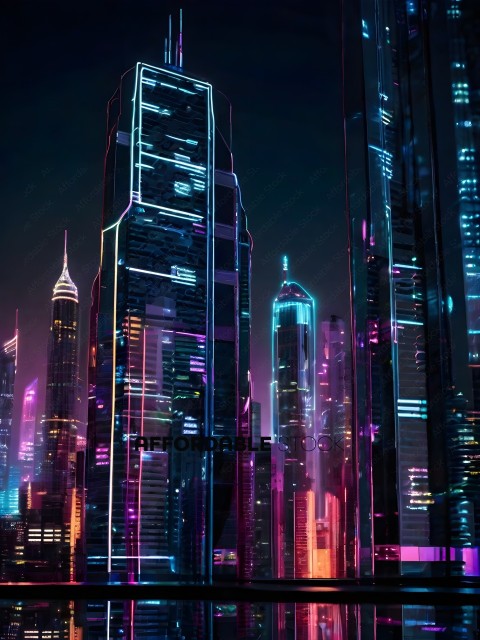 A cityscape with a skyline of lit up buildings