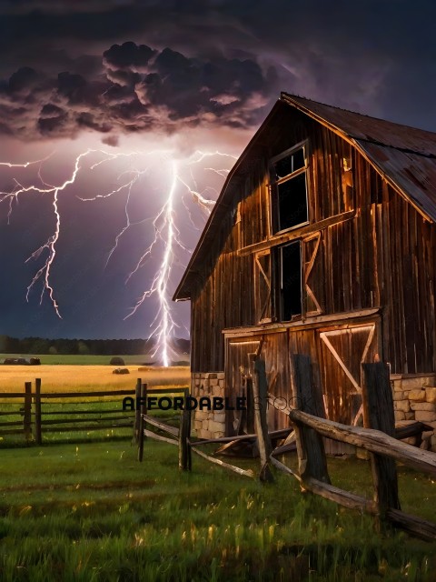 A barn with a lightning bolt in the background