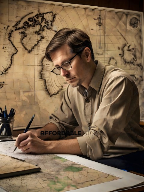 A man with glasses and a brown shirt is writing on a map