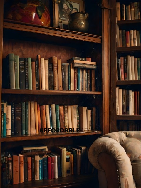 A bookshelf with many books and a chair
