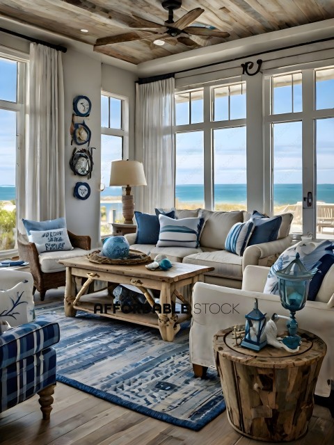 A well decorated living room with a blue and white theme
