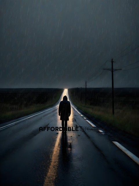 A person walking down a road in the rain