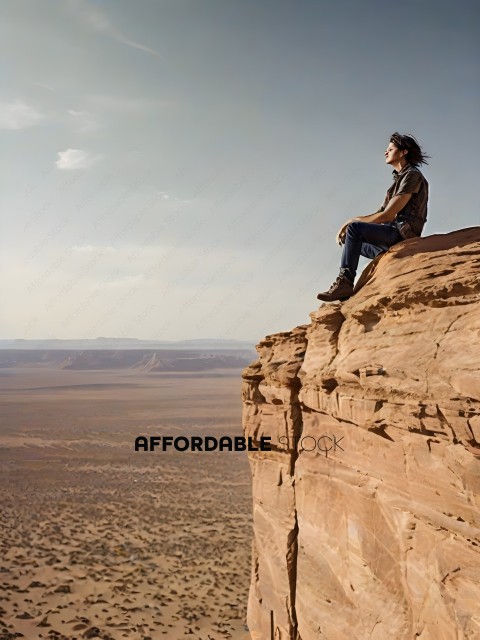 A man sitting on a cliff overlooking a desert