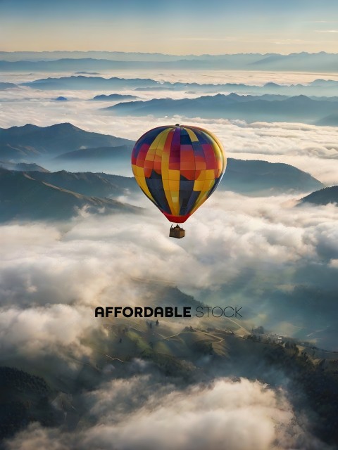 A hot air balloon with a rainbow pattern is flying over a mountain range