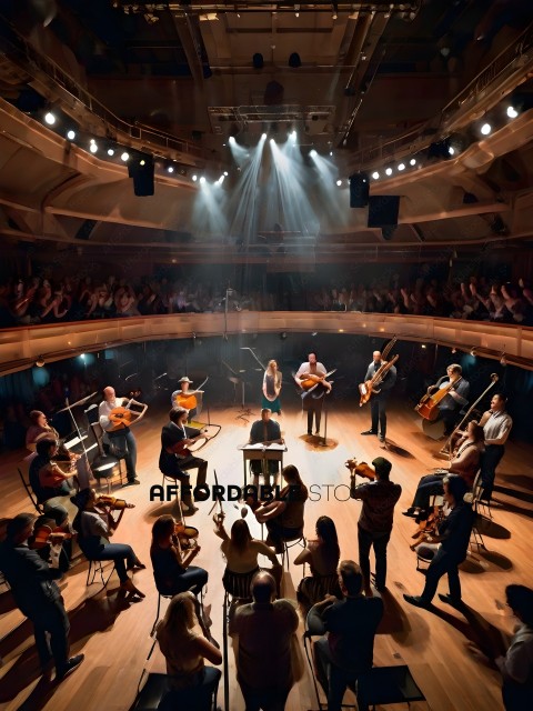 A group of people playing instruments in a large room