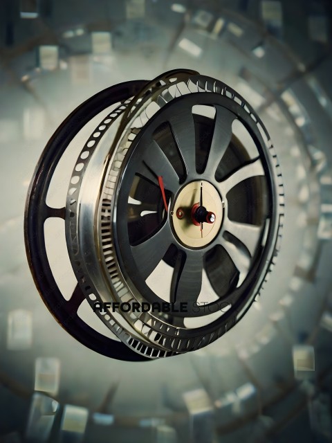 A close up of a wheel with a red pointer