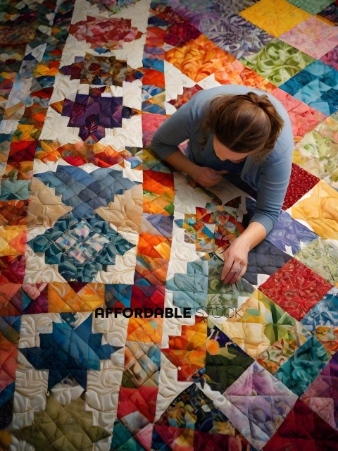 A woman is sitting on a quilt with a colorful pattern