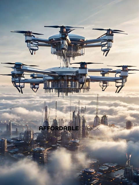 A futuristic city with a drone airport