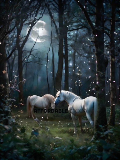 Two horses standing in a forest at night