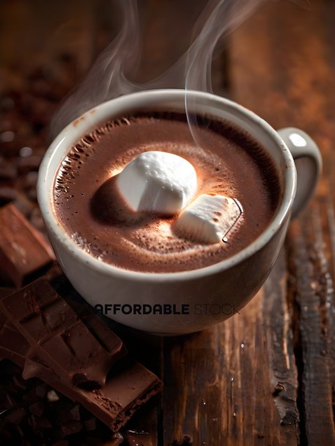A cup of hot chocolate with marshmallows and chocolate chips