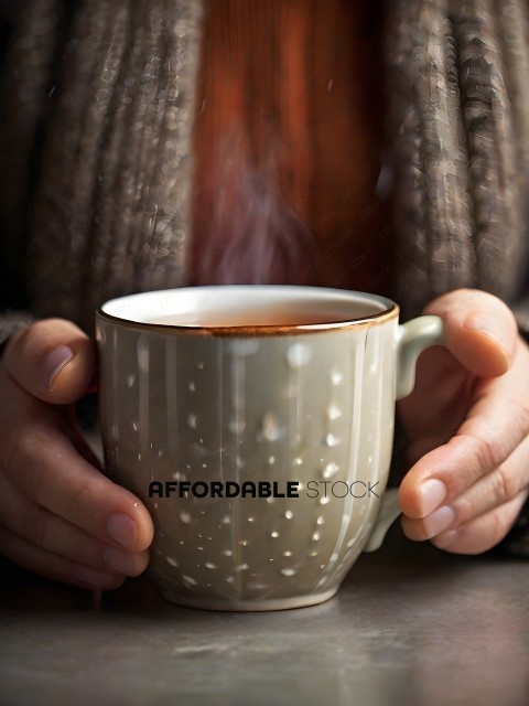A person holding a cup of tea with steam coming out