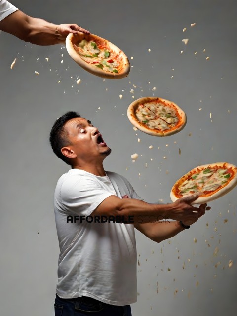 A man catches pizza falling from the sky