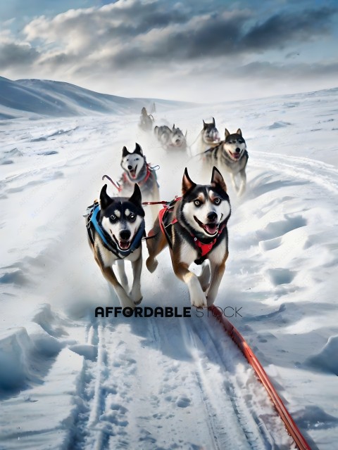 Sled dogs pulling a sled through the snow