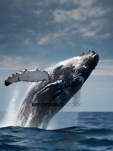 A whale splashes water as it swims in the ocean