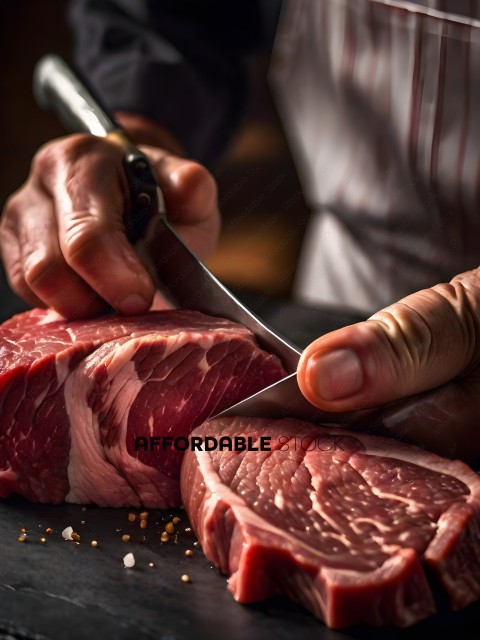 A person cutting a piece of meat with a knife