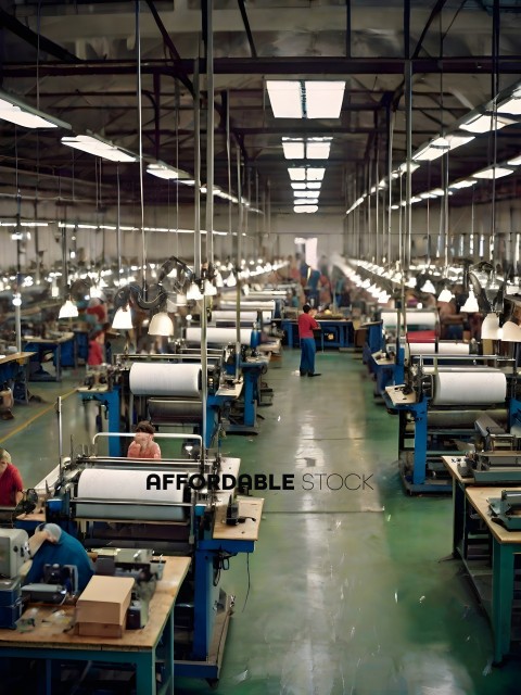 Workers in a factory with blue machines