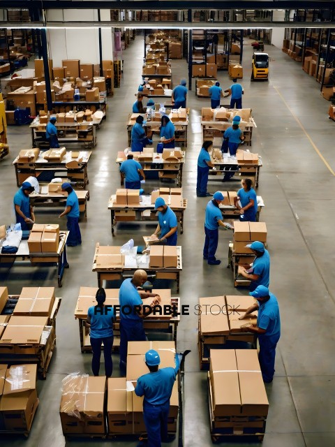 Workers in blue shirts and hats working in a warehouse
